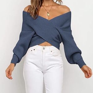 V Neck Long Sleeve Sweaters Cross off shoulder